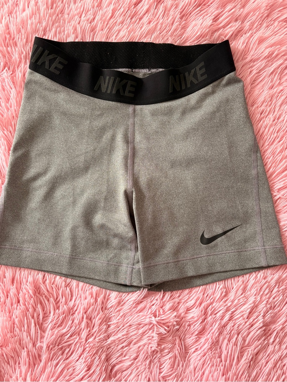Nike Women's Gray Athletic Shorts with Black Logo Waistband